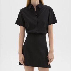 Theory Black Short Sleeve A Line Linen Shirt Dress